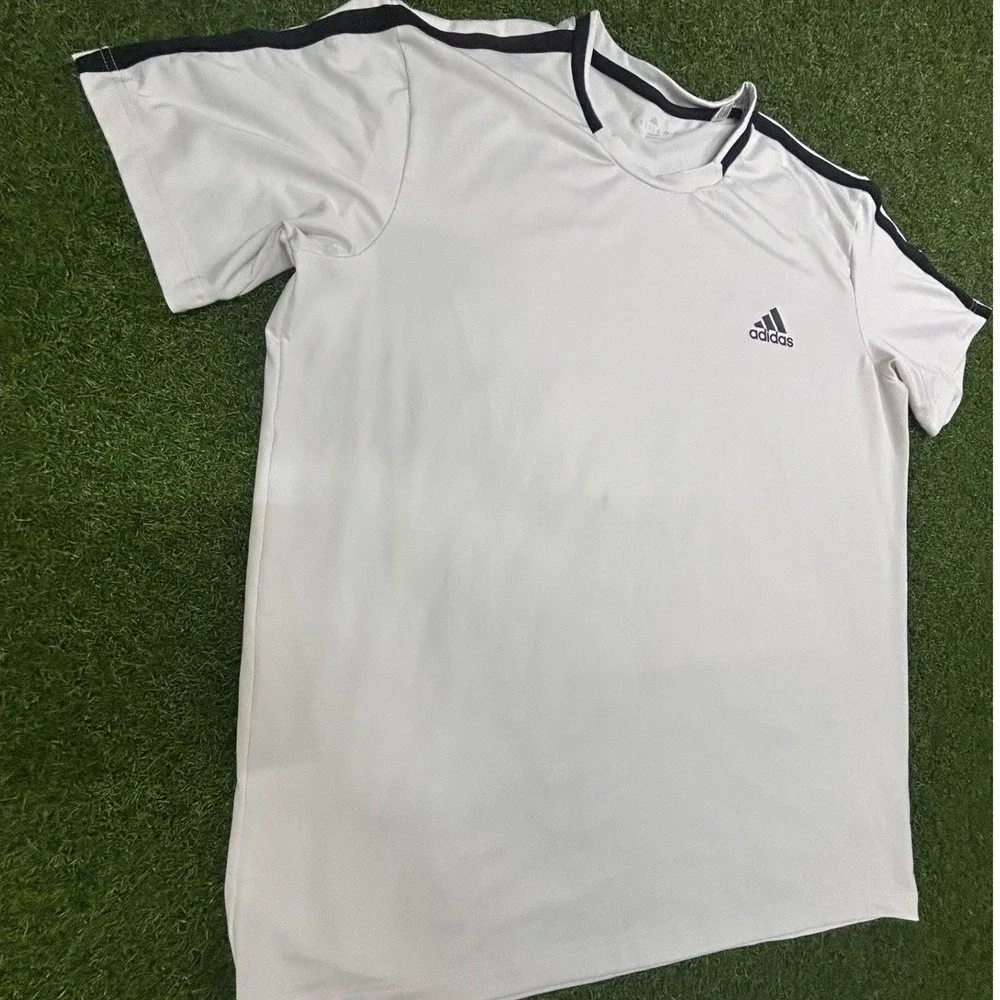 Adidas Climalite Mens XL White Black 3-Stripe Short Sleeve Athletic T-Shirt